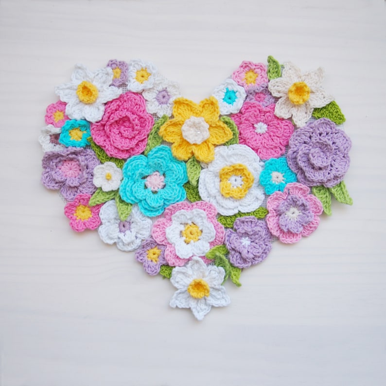 Crochet pattern Flower Heart wall home decor, Spring, Easter, Valentine's day home decoration, 7 crochet ornaments, DIY photo tutorial image 1