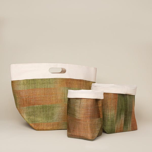 Abaca Storage Basket Set in Ikat Pattern | Handmade Natural Fibre Organisers in Olive
