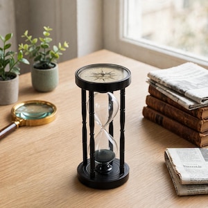 Könnte beinhalten: Eine schwarze Sanduhr mit einem in den oberen Rahmen integrierten Kompass. Die Sanduhr besteht aus klaren Glaskolben mit dunklem Sand, die von vier schlanken schwarzen Säulen auf einem runden Sockel getragen werden und auf einer Holzfläche stehen.