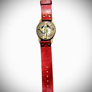 Vintage Compass Style Wristwatch with Red Leather Strap – Steampunk Antique Look