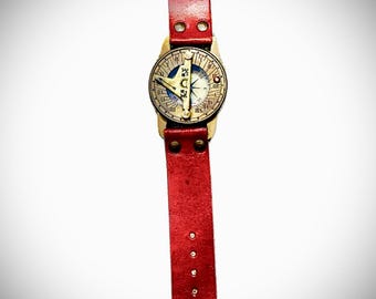 Vintage Compass Style Wristwatch with Red Leather Strap – Steampunk Antique Look