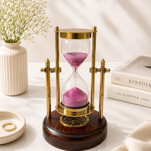 Vintage Brass Hourglass with Compass Nautical Desk Decor Wooden Base Gift Office Home Collectible