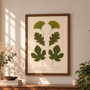 May include: A framed botanical wall art print titled The Botanical Balance, featuring six green leaves arranged in three symmetrical pairs on a cream background, displayed in a dark wood frame on a wall above a slatted wooden sideboard.