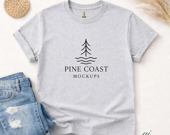 Ash Grey Gildan 8000 DryBlend T-Shirt Flat Lay Mockup Minimal Boho Studio (JPG)
