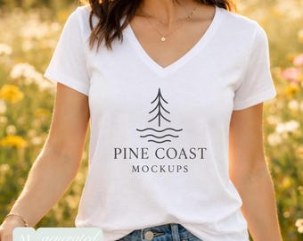 White Bella Canvas 6405 Relaxed Heather V-Neck T-Shirt Spring Mockup (JPG)