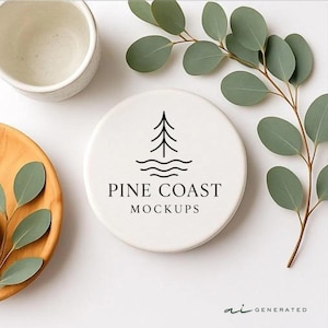 Pode incluir: Uma base de cerâmica branca com o texto "PINE COAST MOCKUPS" e um logotipo de árvore e ondas. A imagem também inclui uma pequena tigela branca, um prato de madeira com folhas verdes e um ramo de eucalipto.