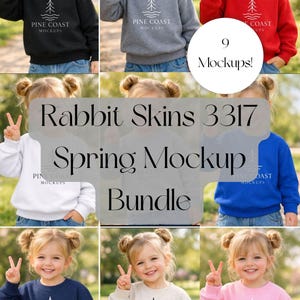 May include: A collection of nine children's sweatshirts in various colors, including black, gray, red, white, blue, navy, beige, and pink. Each sweatshirt features a white tree logo and the text "PINE COAST MOCKUPS". The image also includes the text "Rabbit Skins 3317 Spring Mockup Bundle".