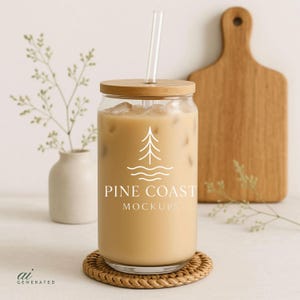 May include: A clear glass tumbler filled with a light brown beverage and ice cubes, topped with a wooden lid and a glass straw. The tumbler has a white logo that says "PINE COAST MOCKUPS". It sits on a round, woven coaster.