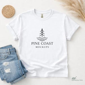 Può includere: Una maglietta bianca con girocollo e maniche arrotolate. La maglietta presenta una grafica nera di un albero sopra linee ondulate, con il testo "PINE COAST MOCKUPS" sotto. Un paio di jeans blu è piegato accanto alla maglietta.
