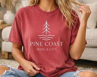 Crimson Comfort Colors 1717 T- Shirt Mockup Boho Aesthetics (JPG)