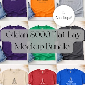May include: A collection of Gildan 8000 flat lay t-shirt mockups in various colors, including purple, orange, gray, green, charcoal, beige, red, and blue. Each shirt displays the "Pine Coast Mockups" logo. The image includes the text "15 Mockups!" and "Mockup Bundle".
