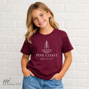 Può includere: Una maglietta bordeaux con una grafica bianca di un albero e onde, e la scritta "PINE COAST MOCKUPS". La maglietta è indossata da una persona con i capelli biondi e jeans blu. Lo sfondo è un muro di mattoni bianchi.