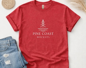 Heather Scarlet Red Gildan 8000 DryBlend T-Shirt Flat Lay Mockup Minimal Boho Studio (JPG)
