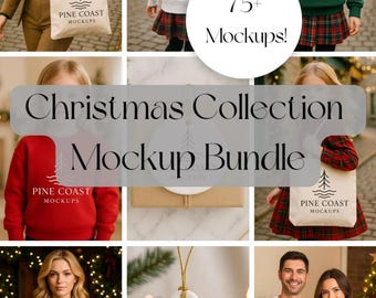 Könnte beinhalten: Eine Collage von Mockups mit weihnachtlicher Kleidung und Accessoires. Das Bild zeigt Sweatshirts, Tragetaschen und einen Ornament, alle mit einem Baumlogo und dem Text "Pine Coast Mockups". Der Text "Christmas Collection Mockup Bundle" ist ebenfalls sichtbar.