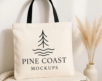 Black Handle Tote Bag Mockup, Canvas Bag (JPG)