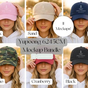 yupoong 6245cm dad hat mockup bundle, classic dad cap mockup, unstructured low profile baseball hat, blank front panel for embroidery, high resolution POD mockups