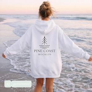 May include: A white hooded sweatshirt featuring a black graphic on the back. The graphic displays a stylized pine tree above wavy lines, with the text PINE COAST MOCKUPS printed underneath. The hoodie has long sleeves and a relaxed fit.