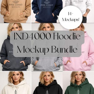Puede incluir: Una colección de sudaderas con capucha en varios colores, incluyendo beige, azul marino, blanco, gris oscuro, gris, rosa, crema, negro y verde. Cada sudadera tiene un bolsillo delantero y un logotipo blanco que dice "PINE COAST MOCKUPS". La imagen también incluye el texto "IND4000 Hoodie Mockup Bundle".