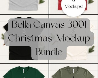 May include: A mockup bundle of Bella Canvas 3001 t-shirts in various colors, including gray, red, black, cream, green, and olive green. Each shirt features a Christmas tree design and the text "Pine Coast Mockups". A white circle reads "6 Mockups!"