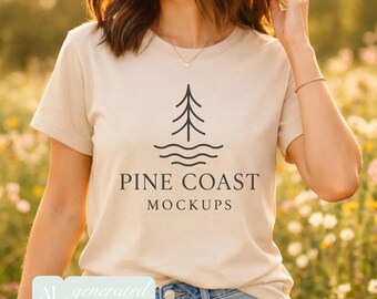 Sand Gildan 5000 Unisex Heavy Cotton Tee Mockup, Summer Aesthetics (JPG)