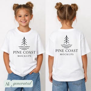 以下が含まれることがあります： 黒い松の木と波のグラフィックが描かれた白いTシャツで、「PINE COAST MOCKUPS」の文字が入っています。 このTシャツは、青いジーンズを履いた若い人が着ています。 画像はTシャツの前面と背面を示しています。