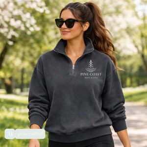 May include: A charcoal gray quarter-zip sweatshirt with the text "PINE COAST MOCKUPS" and a tree and wave logo. The sweatshirt has a high collar and a silver zipper. The model is wearing black sunglasses and is walking outside.
