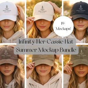 Puede incluir: Seis gorras de béisbol en varios colores, incluyendo blanco, beige, azul marino, marrón, verde oliva y canela. Cada gorra presenta el logotipo "Pine Coast Mockups". La imagen también incluye el texto "Infinity Her Cassie Hat Summer Mockup Bundle."