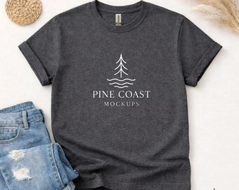 Heather Grey Gildan 8000 DryBlend T-Shirt Flat Lay Mockup Minimal Boho Studio (JPG)