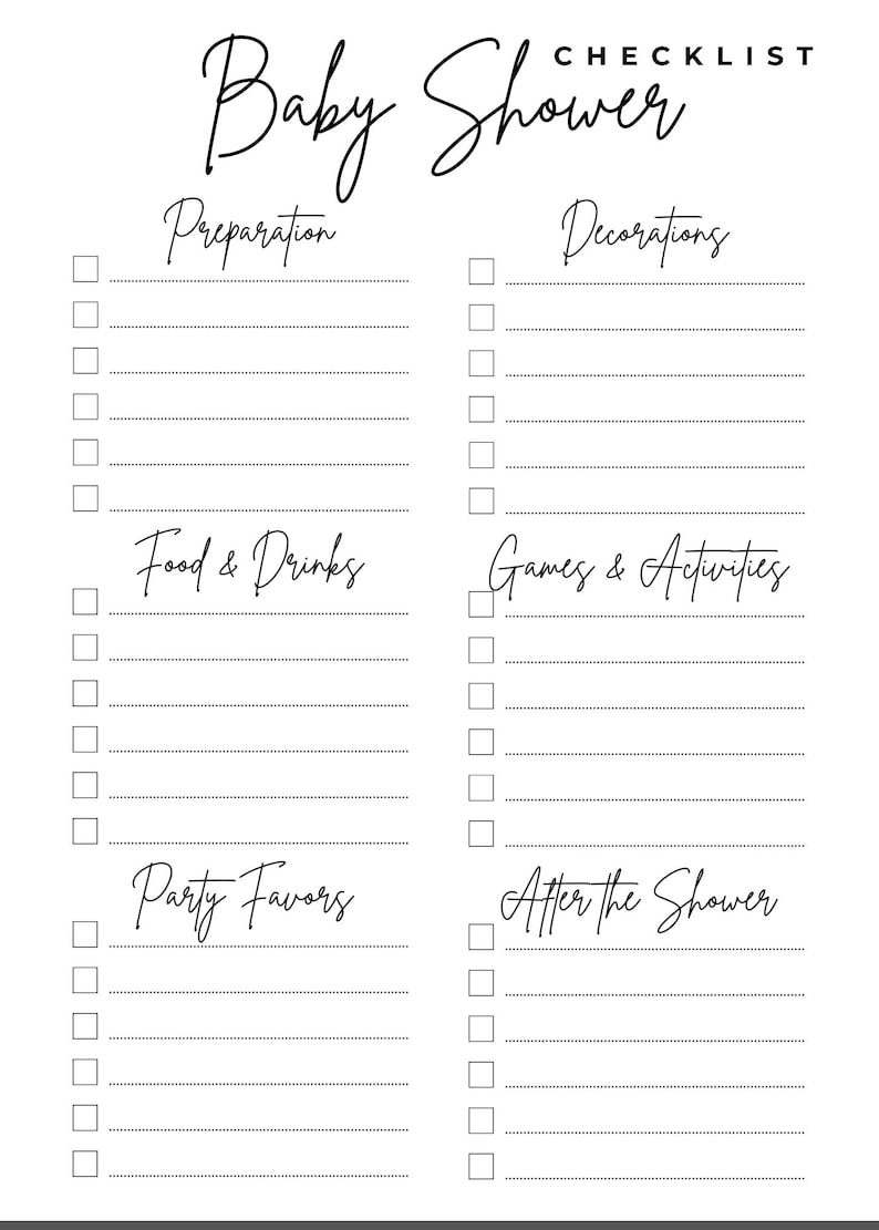 Shower List Baby Shower Checklist Printable – Party Planning Organizer, Instant ...