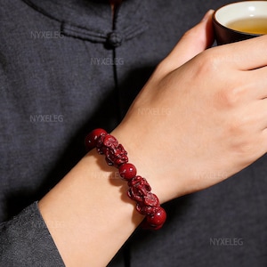 Pulsera Pixiu de cinabrio de 6/8 mm, arena de oro púrpura de alta pureza, joyería unisex Feng Shui