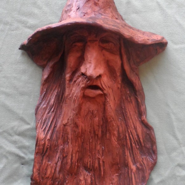 Handmade wizard face, claywizard face sculpture, weatherproof, wood spiirit