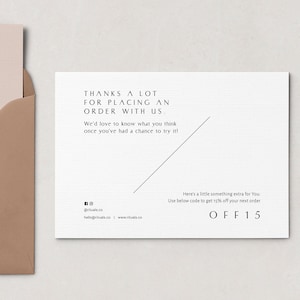May include: A set of thank you cards and envelopes. One card is inside a brown envelope, displaying the word "THANK" in black. A second card reads "THANKS A LOT FOR PLACING AN ORDER WITH US" with a discount code.