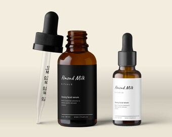Minimalist 1 oz Dropper Bottle Label for Luxury Skincare, Apothecary Style Product Label Template for Beard Oil & Face Serum Sticker・Almond