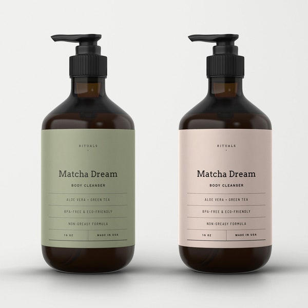 Bearbeitbare Etikettenvorlage für kosmetische Shampoo-Flasche 8 oz, Duschgel- und Lotionsetikettendesign, druckbare Beschriftung für Produktverpackungen (Matcha)