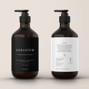 Body Wash Label Template, Custom Lotion Labels, Spa Product Label Design for Pump Bottle 8 oz, Minimalist Skincare Packaging Labels・Geranium