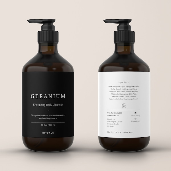 Körperwaschetikettenvorlage, benutzerdefinierte Lotionsetiketten, Spa-Produktetikettendesign für Pumpflasche 8 oz, minimalistische Hautpflegeverpackungsetiketten (Geranium)