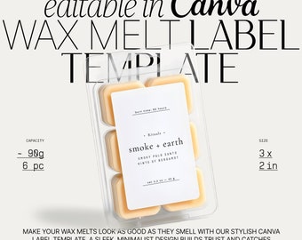 Minimal Wax Melt Labels, Customizable Canva Design for Candle Makers, Editable Wax Label Sticker, Wax Melts Packaging & Branding 2x3"・Smoke