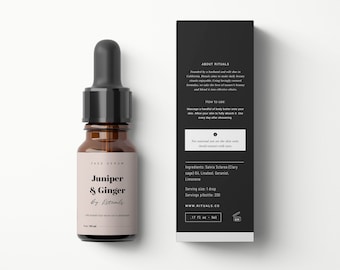 Modelo editável para design de embalagem de produtos de beleza, design de rótulo de óleo cosmético, modelo de rótulo de soro facial para frasco conta-gotas de 1 onça ・ Juniper