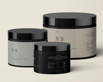 May include: Three black jars of body butter with white labels. The labels have the text "Body Butter N°9" and a list of ingredients. The largest jar is 8 oz, the medium jar is 4 oz, and the smallest jar is 2 oz.
