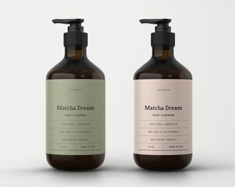 Editable Label Template for Cosmetic Shampoo Bottle 8 oz, Body Wash & Lotion Label Design, Printable Labelling for Product Packaging・Matcha