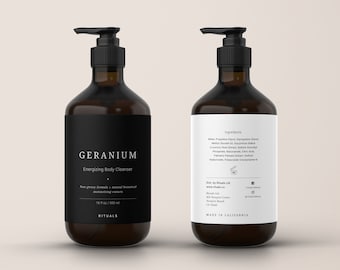 Body Wash Label Template, Custom Lotion Labels, Spa Product Label Design for Pump Bottle 8 oz, Minimalist Skincare Packaging Labels・Geranium