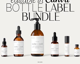Minimal Skincare Label Templates Bundle, Digital Wrap Around Labels for Cosmetic Packaging, Editable Canva Template Small Beauty Brand・Smoke