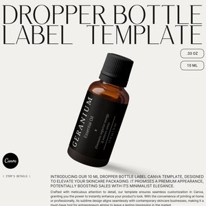 Könnte beinhalten: Eine Canva-Vorlage für ein 10 ml Tropfflaschenetikett mit minimalistischem Design. Das Etikett hat einen schwarzen Hintergrund mit weißem Text, der "Geranium Essential Oil" und "Eliminiert negative Energie und lindert Stress" lautet. Die Flasche ist aus braunem Glas mit einem schwarzen Verschluss. Die Vorlage wurde entwickelt, um die Verpackung von Hautpflegeprodukten aufzuwerten und potenziell den Umsatz zu steigern.