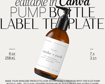 Pump Bottle Sticker Label Template DIY, Body Wash Product Label Design, Premade Wrap Around Bottle Label Template 8 oz — 16 oz・Smoke