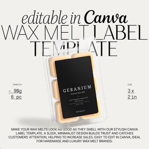 May include: A white plastic container with six wax melts. The wax melts are a light yellow color and are labeled "Geranium Scented Wax Melt". The container is 3 inches by 2 inches and holds 90 grams of wax melts.