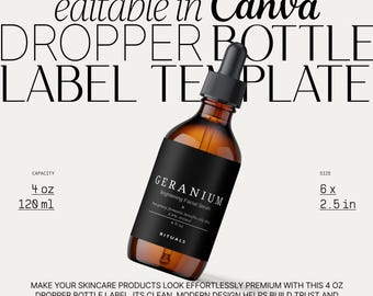 Minimalist Cosmetic Labels for 4oz Dropper Bottle, Avery Sticker Labels for Skincare Products, Beauty Packaging Design DIY・Geranium