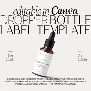 May include: A brown dropper bottle with a black cap and white label, featuring the text "smoke + earth." The label template is editable in Canva and measures 7.6 x 3.8 cm. The bottle capacity is 15 ml. The design is for skincare packaging.