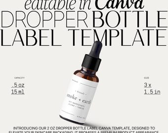 15 ml Apothecary Label Template, Skin Care Tincture Labels Stickers Customized for Essential Oil Dropper Bottle Template Editable・Smoke