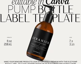Body Wash Label Template, Custom Lotion Labels, Spa Product Label Design for Pump Bottle 8 oz, Minimalist Skincare Packaging Labels・Geranium