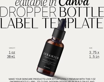 1oz Dropper Bottle Labels: CANVA Template for Skincare Business, Serum Label Design, Product Stickers, Custom Packaging for Tinctures・Gera